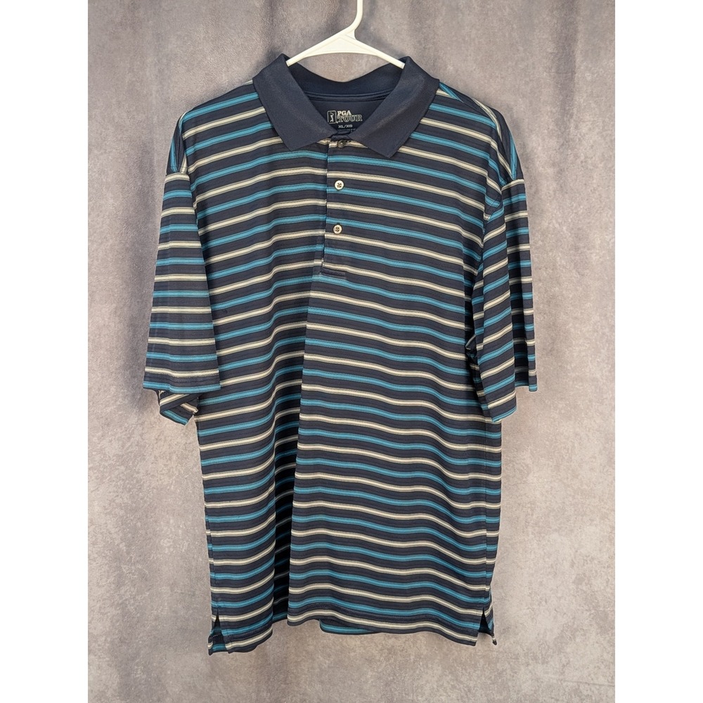 PGA Tour Mens XL‎ Polo Shirt Navy Blue Teal Striped Short Sleeve Golf C51